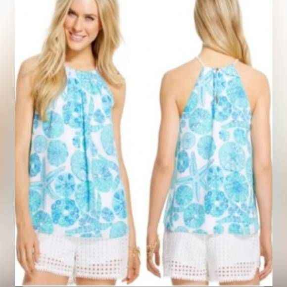 Lilly Pulitzer Bowen Halter Top in Las Olas Aqua Strong Current Sea - Picture 1 of 6